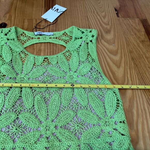 ZARA NWT lime green knit macrame crochet knee midi lined summer dress SIZE M - Picture 13 of 15
